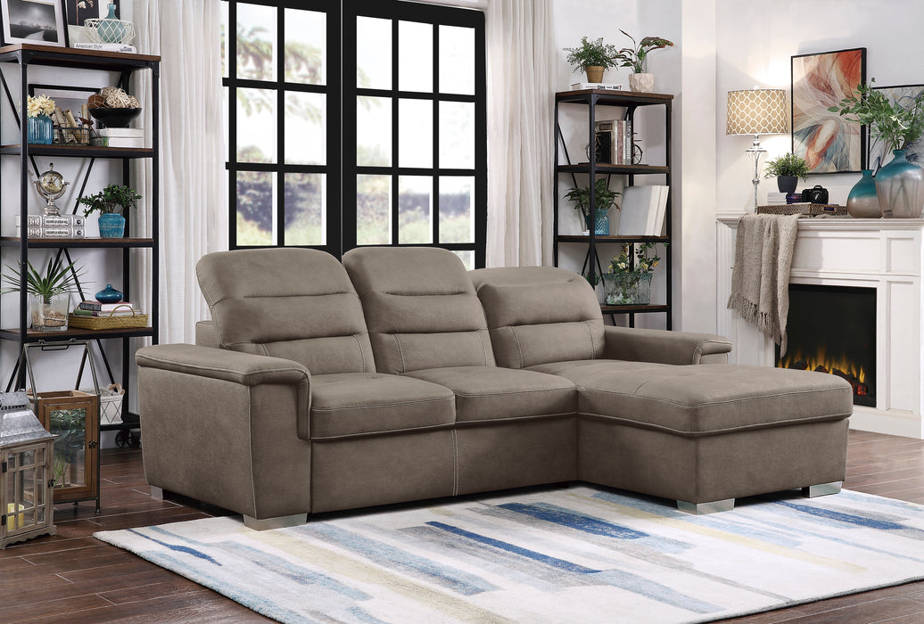 Alfio 2-Pcs Sectional w/ Adj. Headrests, Pull-out Bed & Right Chaise w/ Hidden Storage TAUPE