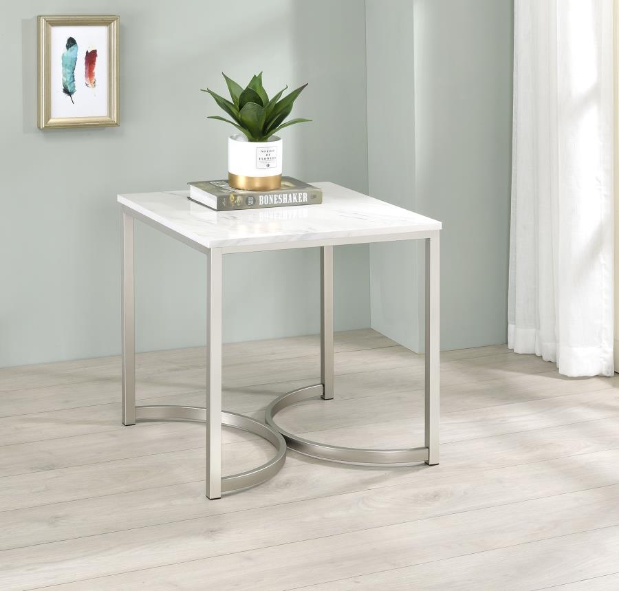 Leona Faux Marble Square End Table White and Satin Nicke