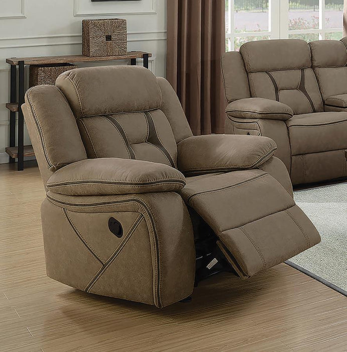 Higgins Overstuffed Upholstered Glider Recliner Tan