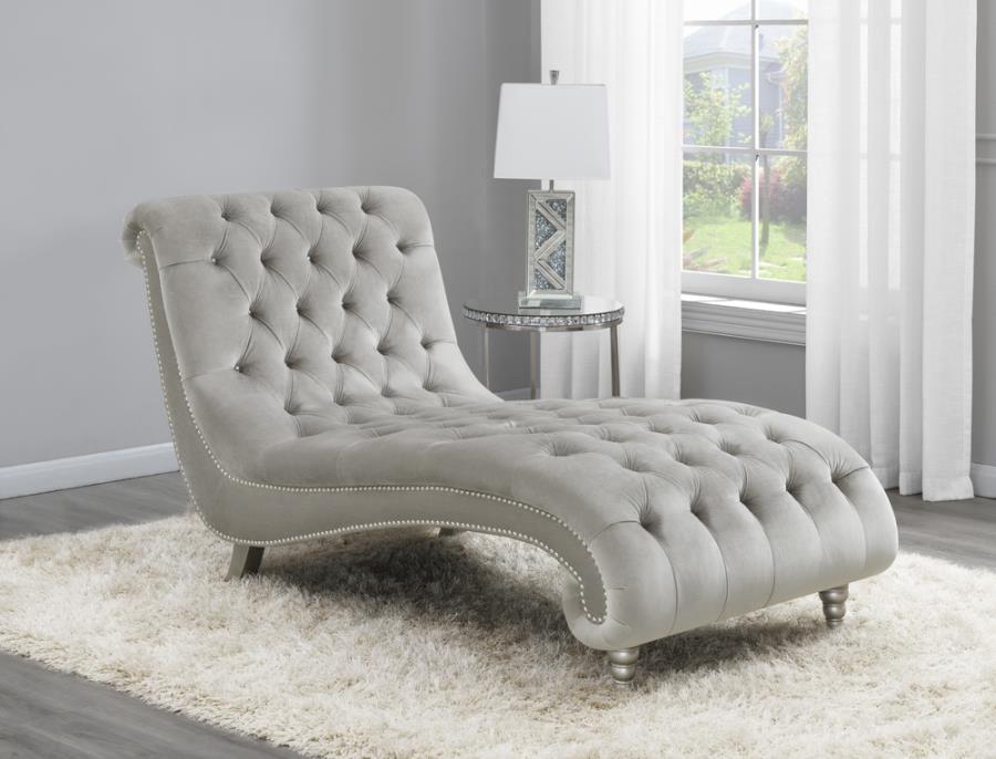 Lydia Tufted Cushion Chaise with Nailhead Trim Grey