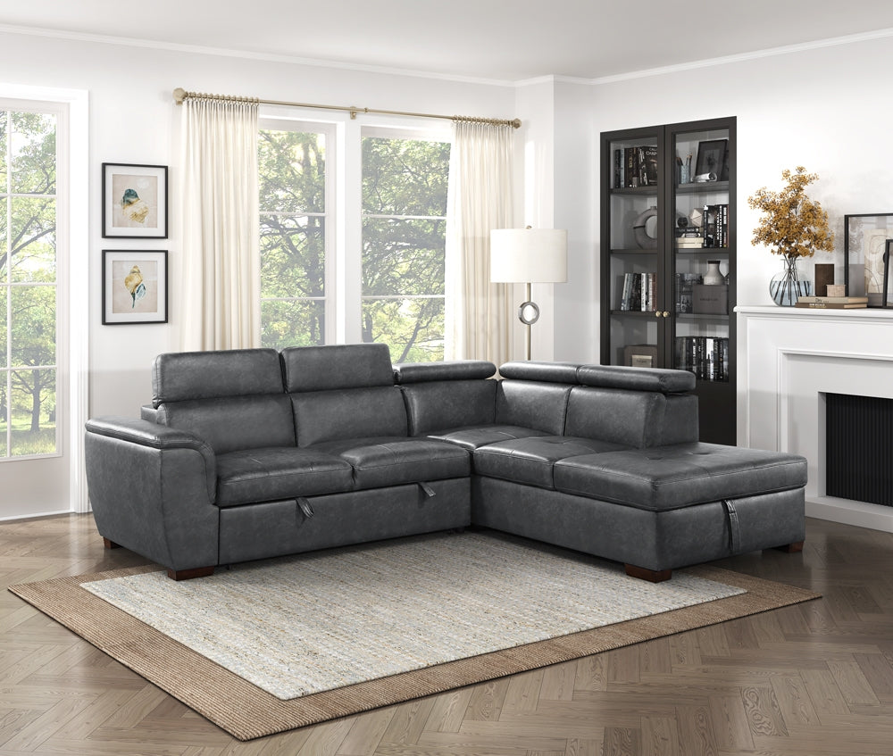 Barre 2-Pcs Sectional w/ Pull-out Bed & RAF ONLY w/ Hidden Storage, Adj. Headrests GREY ONLY
