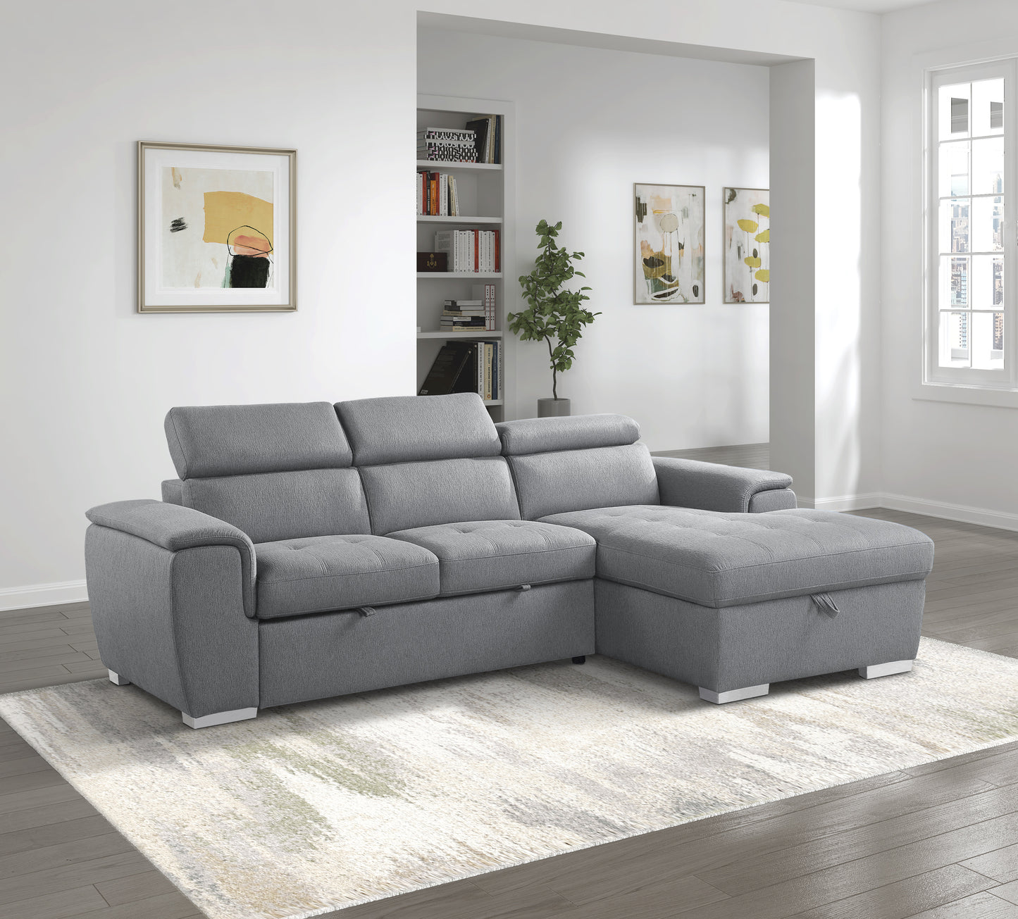 Berel 2-Pcs Sectional w/ Adj. Headrests, Pull-out Bed & Right Chaise w/Hidden Storage GREY