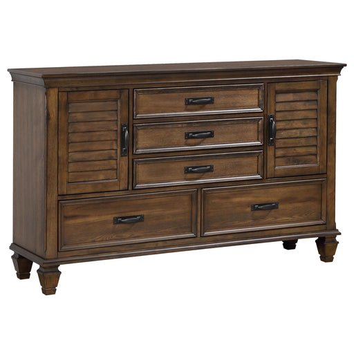 franco-burnished-oak-five-drawer-dresser-with-two-louvered-doors