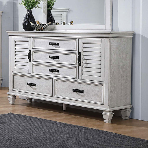 franco-antique-white-five-drawer-chest-with-louvered-panel-doors