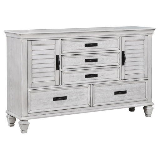 franco-antique-white-five-drawer-chest-with-louvered-panel-doors