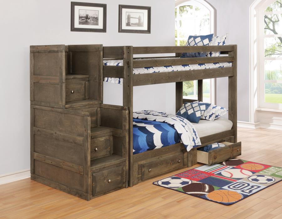 Wrangle Hill Twin over Twin Bunk Bed With Underbed Drawers & Stairs Gun Smoke