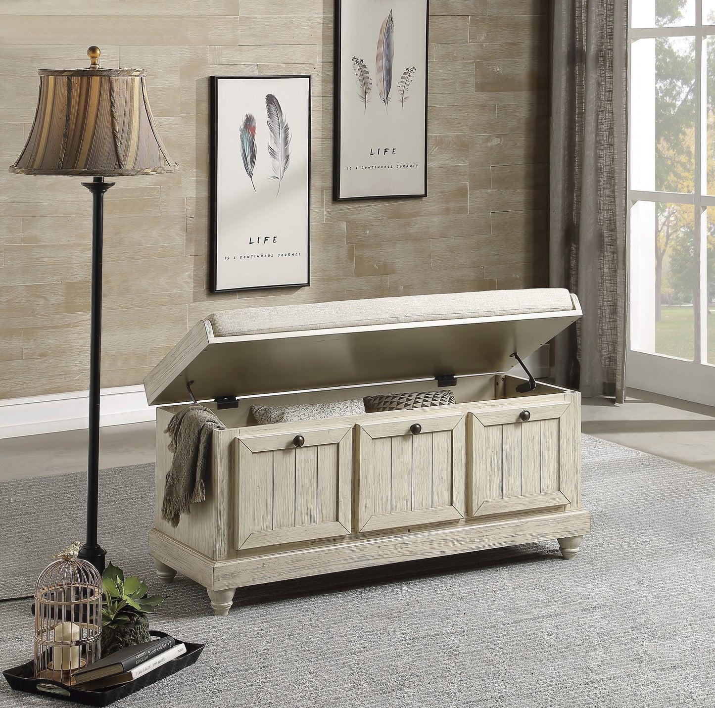 Woodwell Lift Top Storage Bench ANITQUE WHITE