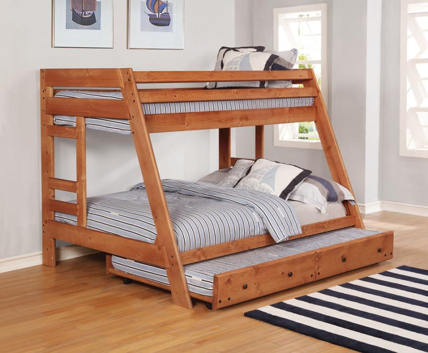 Wrangle Hill Twin Over Full Bunk Bed with Built-in Ladder Amber Wash SOLID WOOD