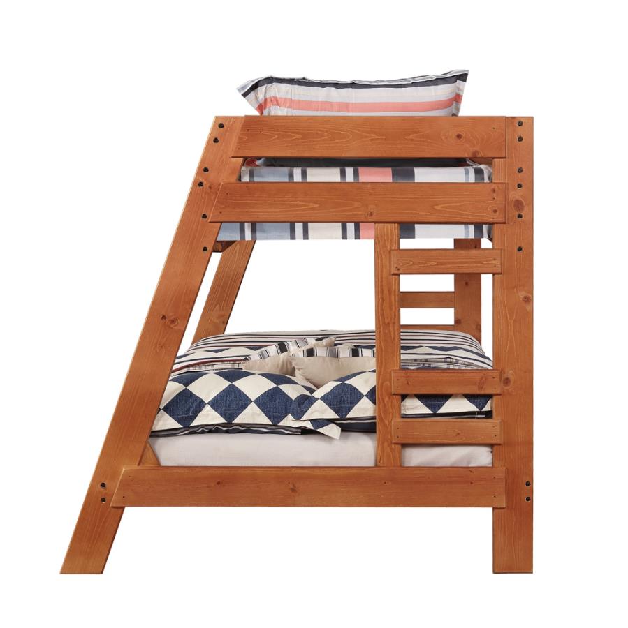 Wrangle Hill Twin Over Full Bunk Bed with Built-in Ladder Amber Wash SOLID WOOD
