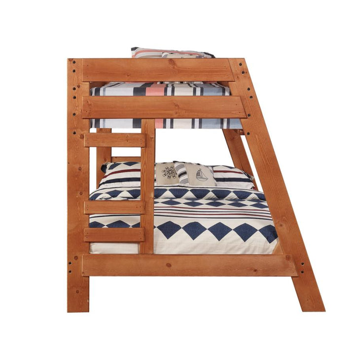 Wrangle Hill Twin Over Full Bunk Bed with Built-in Ladder Amber Wash SOLID WOOD