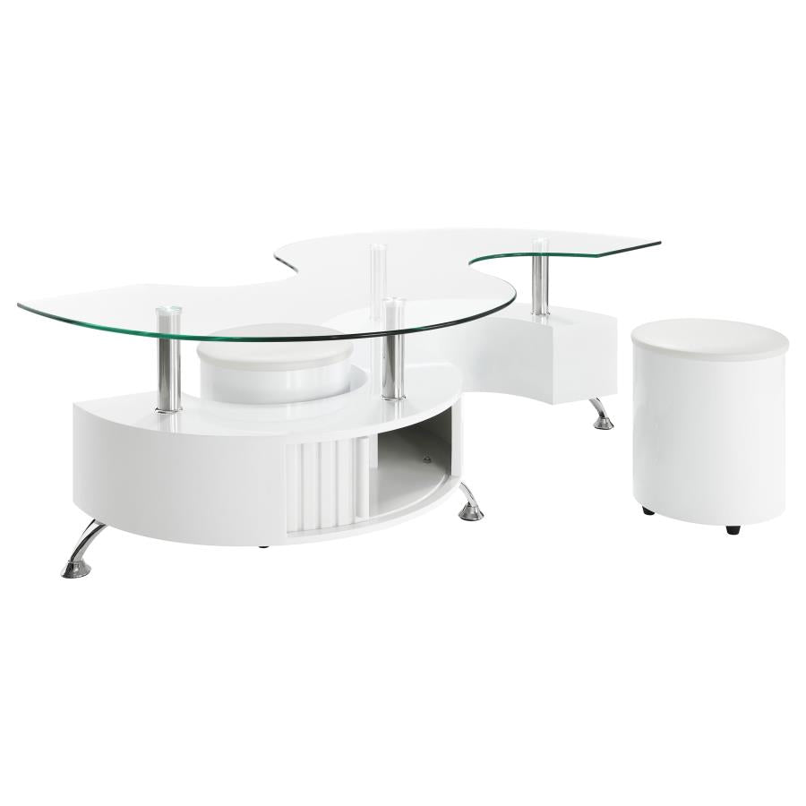 Buckley Curved Glass Top Coffee Table With Stools White High Gloss