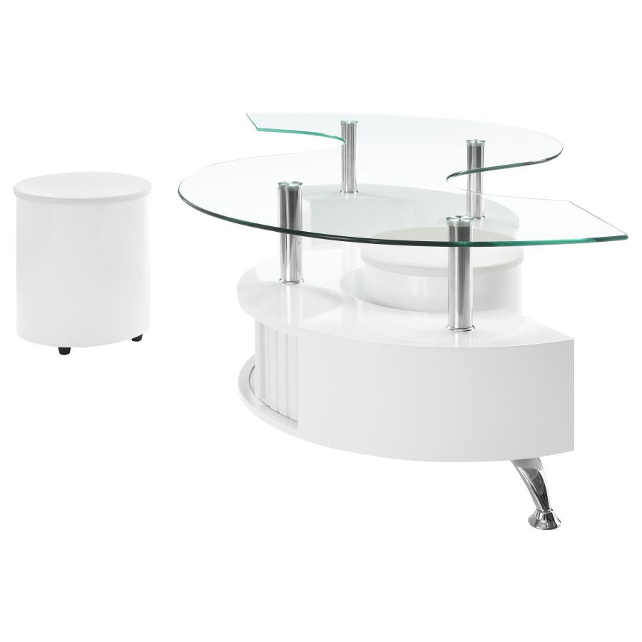 Buckley Curved Glass Top Coffee Table With Stools White High Gloss