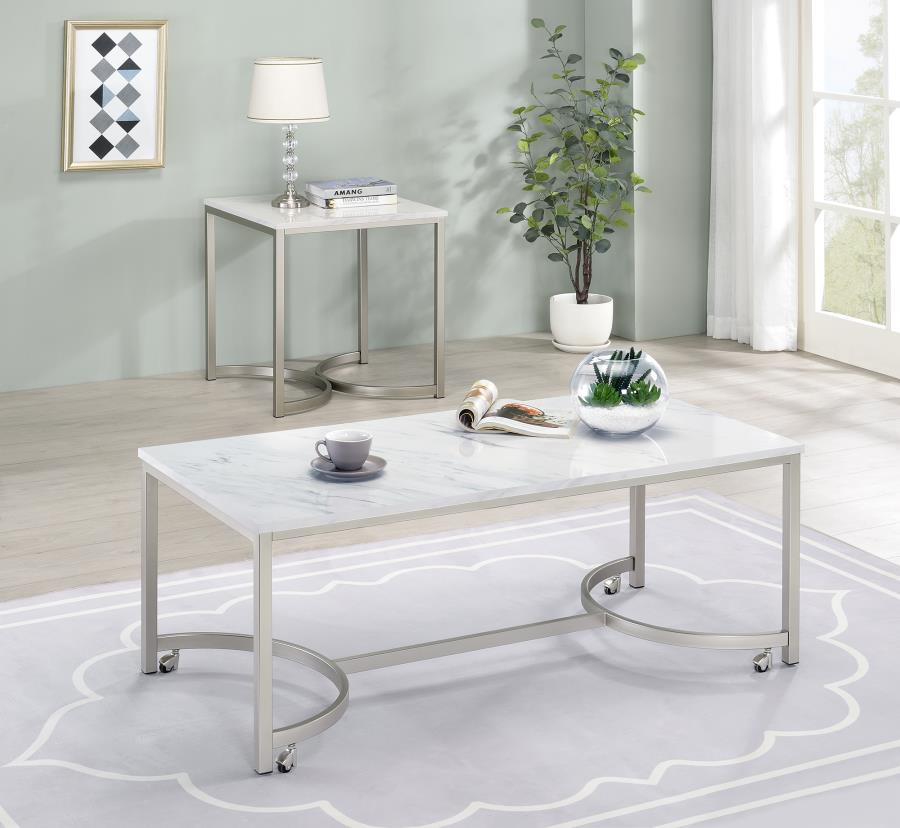 Leona Faux Marble Square End Table White and Satin Nicke