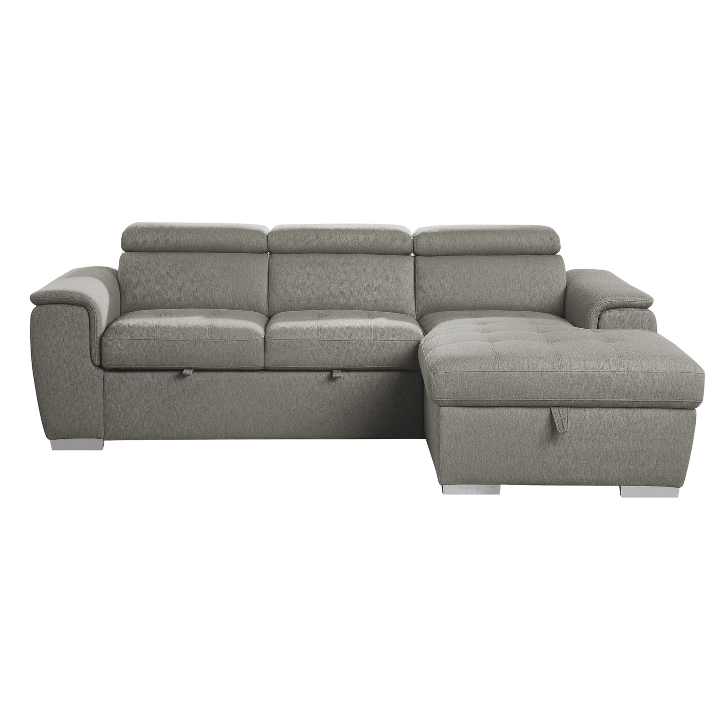 Berel 2-Pcs Sectional w/ Adj. Headrests, Pull-out Bed & Right Chaise w/Hidden Storage BROWN