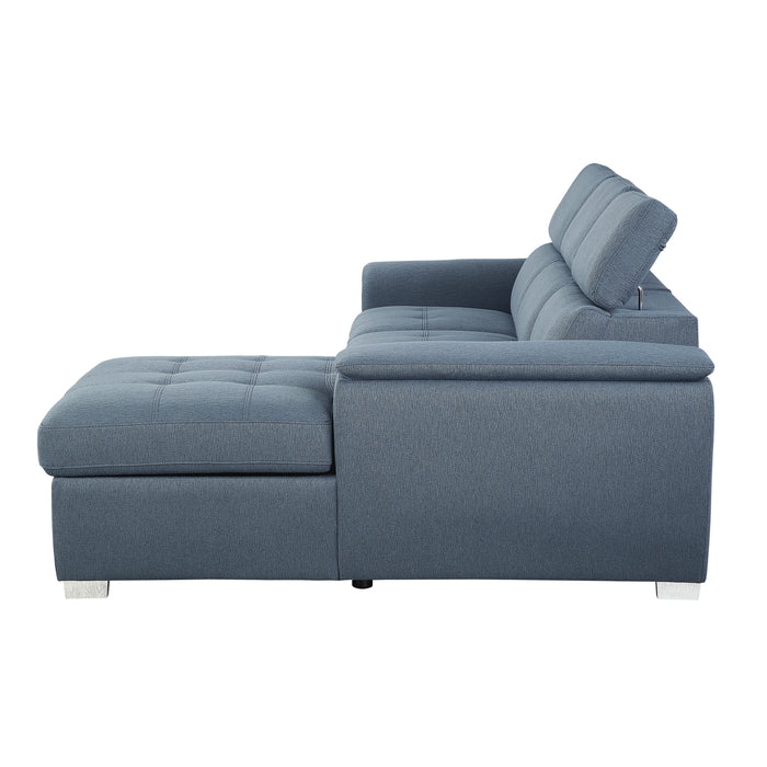 Berel 2-Pcs Sectional w/ Adj. Headrests, Pull-out Bed & Right Chaise w/Hidden Storage BLUE