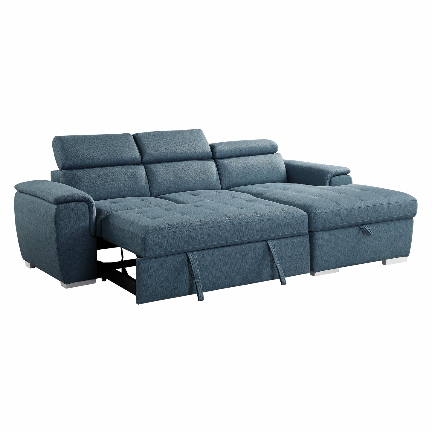 Berel 2-Pcs Sectional w/ Adj. Headrests, Pull-out Bed & Right Chaise w/Hidden Storage BLUE