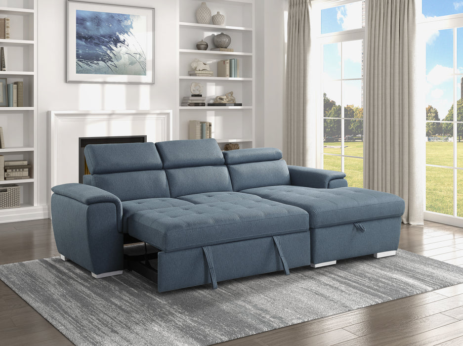 Berel 2-Pcs Sectional w/ Adj. Headrests, Pull-out Bed & Right Chaise w/Hidden Storage BLUE