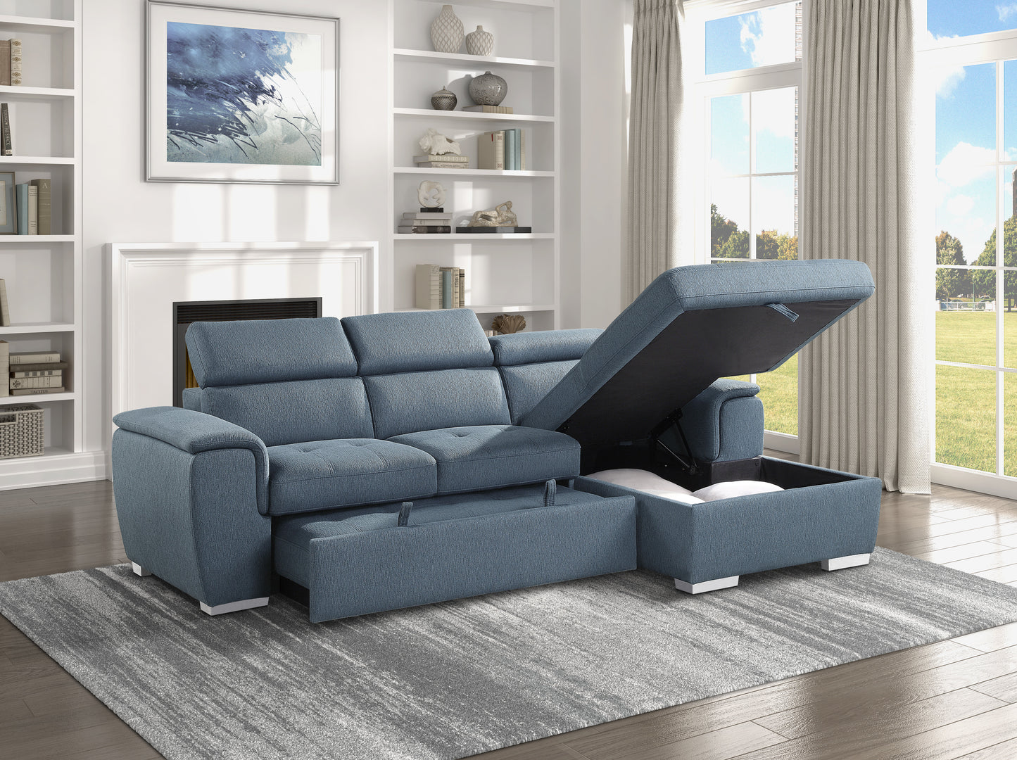 Berel 2-Pcs Sectional w/ Adj. Headrests, Pull-out Bed & Right Chaise w/Hidden Storage BLUE