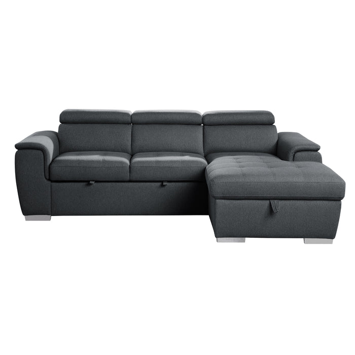 Berel 2-Pcs Sectional w/ Adj. Headrests, Pull-out Bed & Right Chaise w/Hidden Storage CHARCOAL