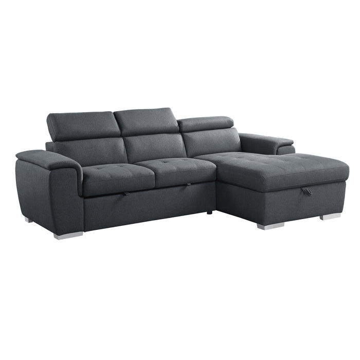 Berel 2-Pcs Sectional w/ Adj. Headrests, Pull-out Bed & Right Chaise w/Hidden Storage CHARCOAL