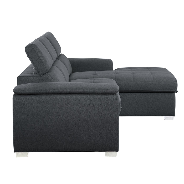 Berel 2-Pcs Sectional w/ Adj. Headrests, Pull-out Bed & Right Chaise w/Hidden Storage CHARCOAL