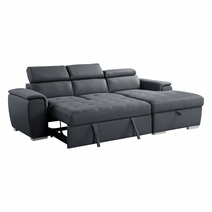 Berel 2-Pcs Sectional w/ Adj. Headrests, Pull-out Bed & Right Chaise w/Hidden Storage CHARCOAL