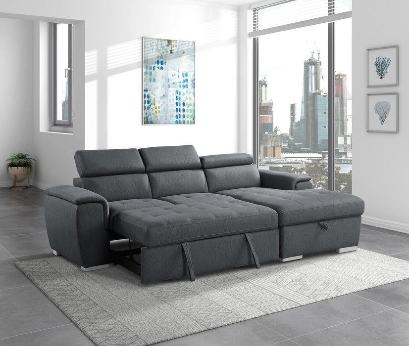 Berel 2-Pcs Sectional w/ Adj. Headrests, Pull-out Bed & Right Chaise w/Hidden Storage CHARCOAL