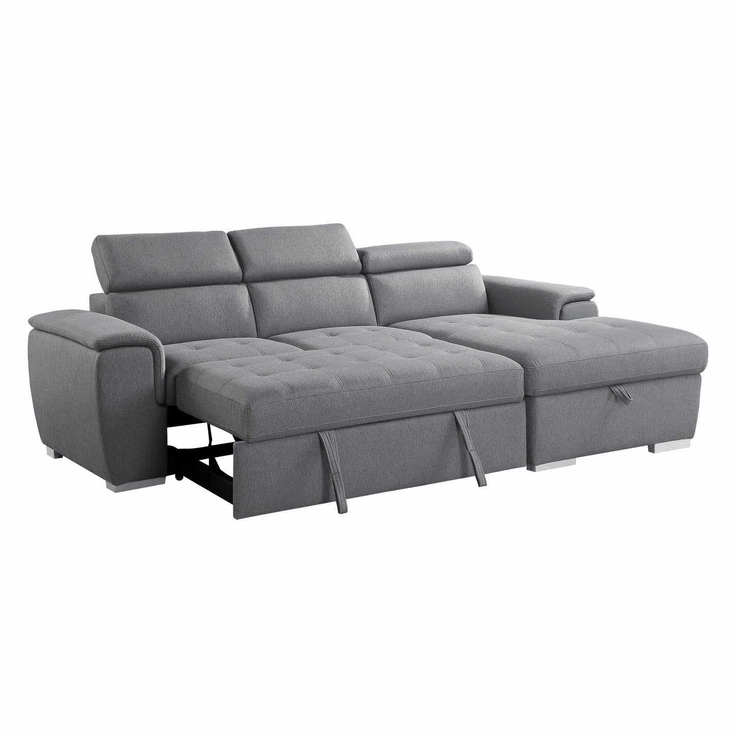 Berel 2-Pcs Sectional w/ Adj. Headrests, Pull-out Bed & Right Chaise w/Hidden Storage GREY