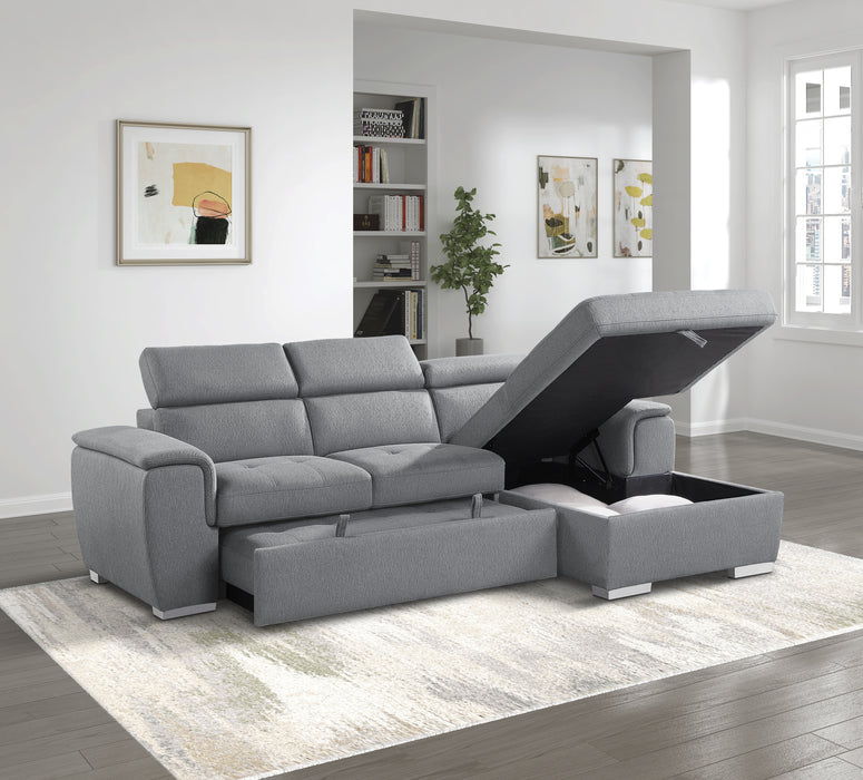 Berel 2-Pcs Sectional w/ Adj. Headrests, Pull-out Bed & Right Chaise w/Hidden Storage GREY