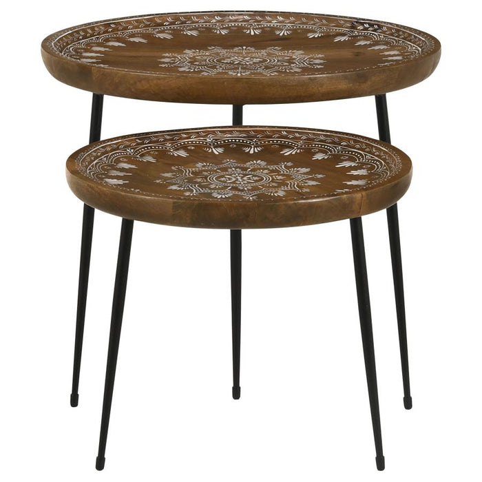 Nuala 2-piece Round Nesting Table with Tripod Tapered Legs Honey and Black