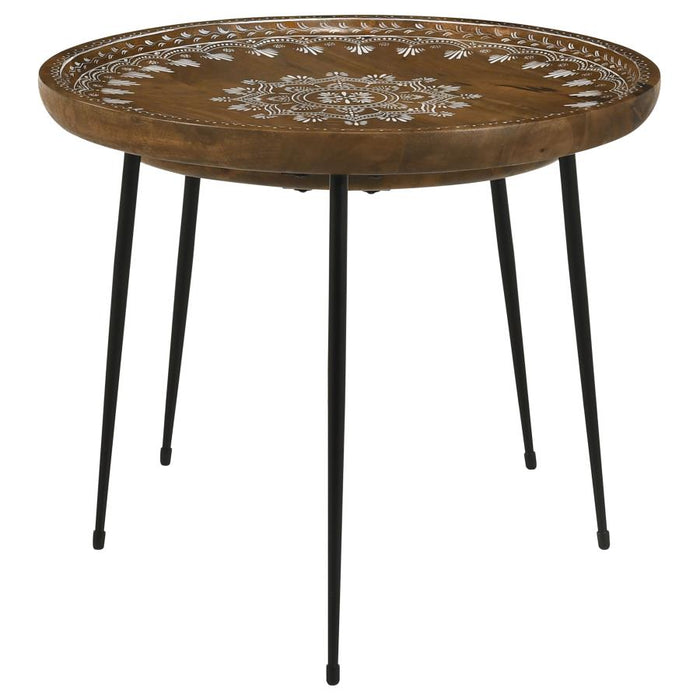 Nuala 2-piece Round Nesting Table with Tripod Tapered Legs Honey and Black