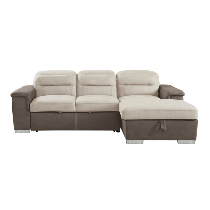 Alfio 2-Pcs Sectional w/ Adj. Headrests, Pull-out Bed & Right Chaise w/ Hidden Storage 2 TONE