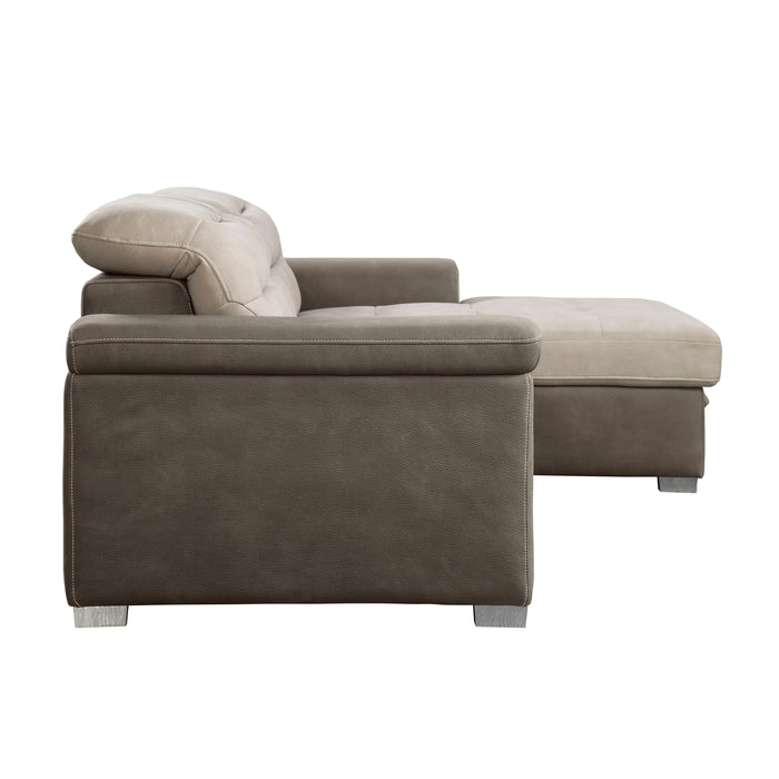 Alfio 2-Pcs Sectional w/ Adj. Headrests, Pull-out Bed & Right Chaise w/ Hidden Storage 2 TONE