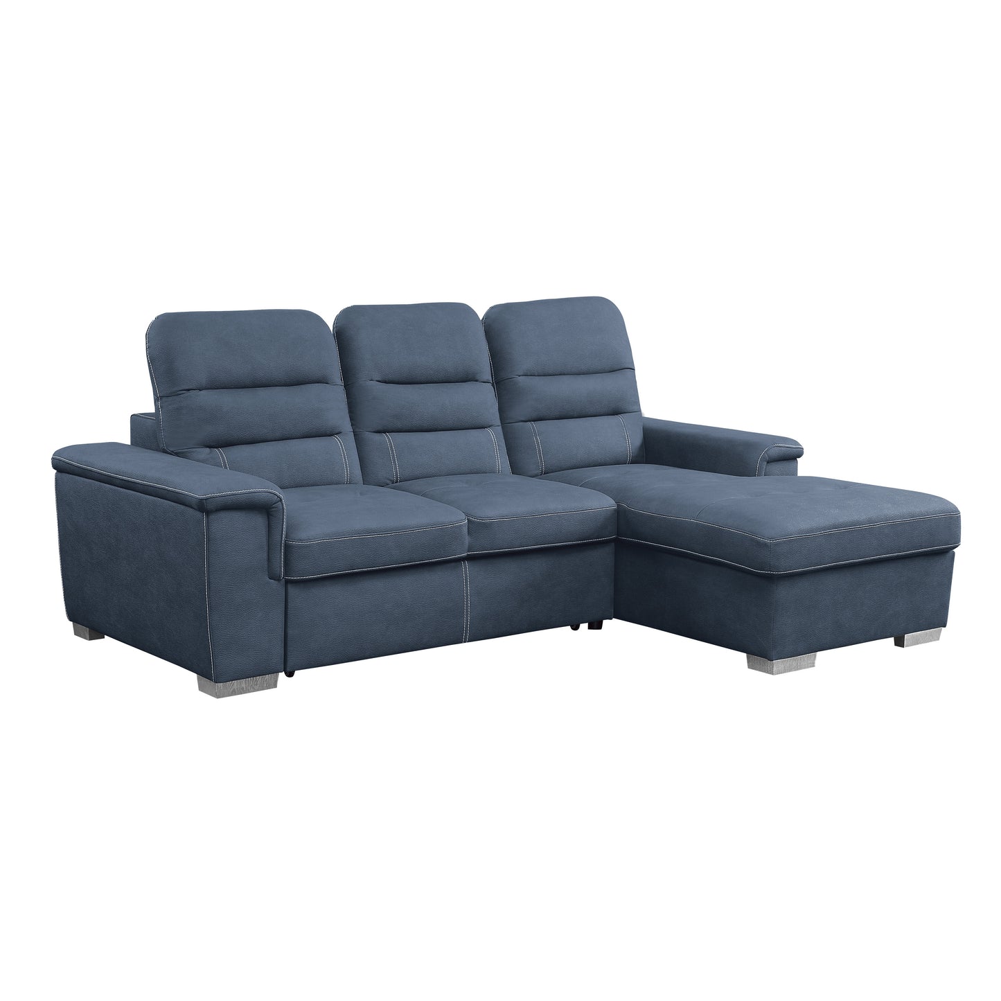 Alfio 2-Pcs Sectional w/ Adj. Headrests, Pull-out Bed & Right Chaise w/ Hidden Storage BLUE
