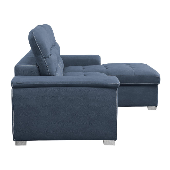 Alfio 2-Pcs Sectional w/ Adj. Headrests, Pull-out Bed & Right Chaise w/ Hidden Storage BLUE