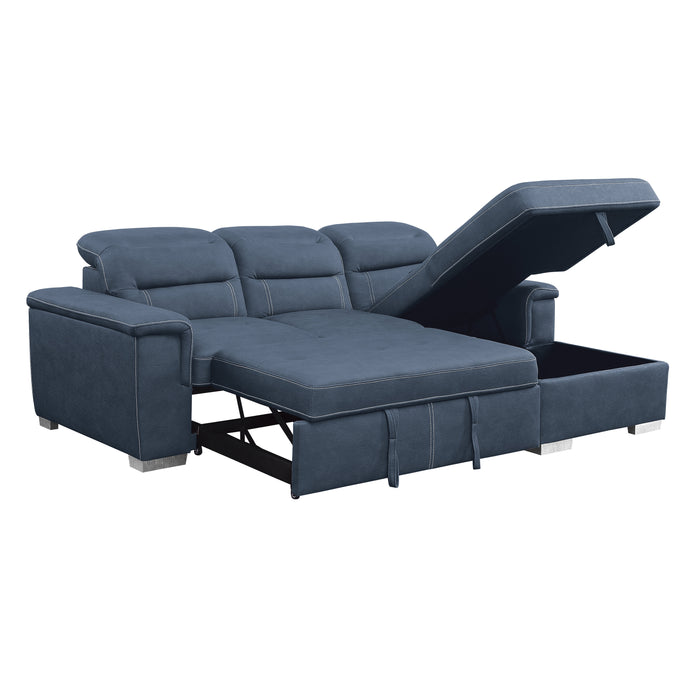 Alfio 2-Pcs Sectional w/ Adj. Headrests, Pull-out Bed & Right Chaise w/ Hidden Storage BLUE