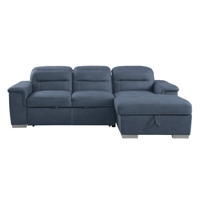 Alfio 2-Pcs Sectional w/ Adj. Headrests, Pull-out Bed & Right Chaise w/ Hidden Storage BLUE