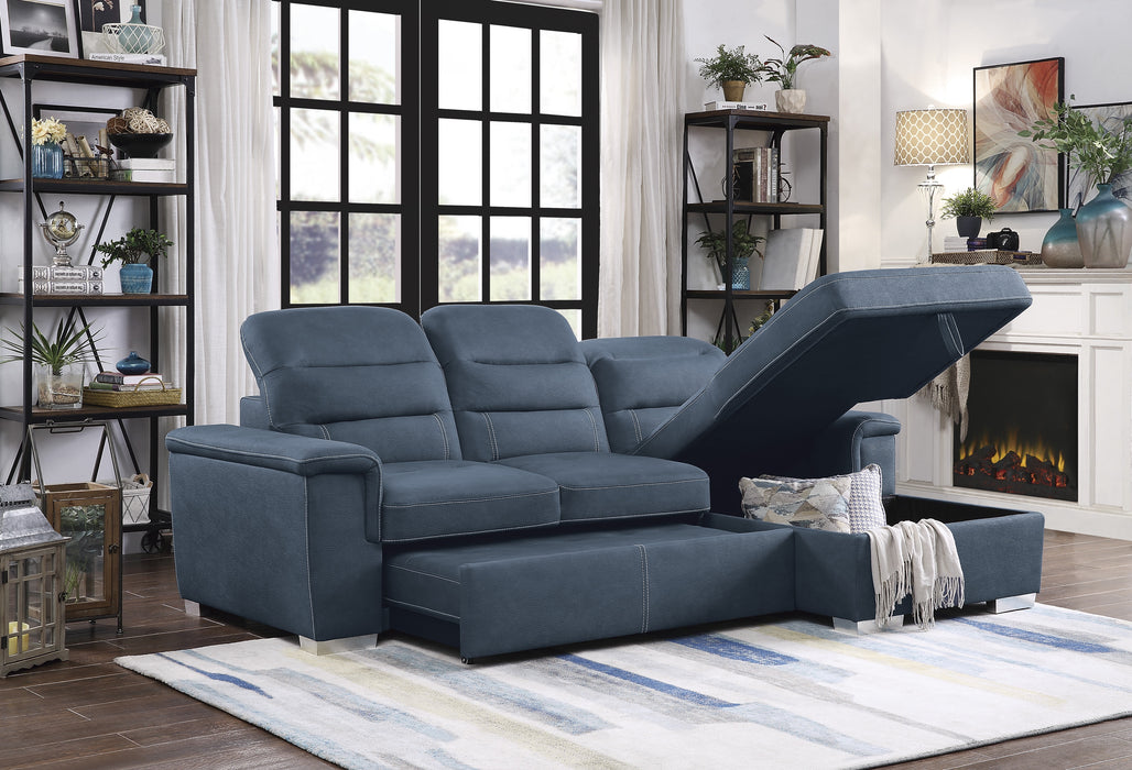 Alfio 2-Pcs Sectional w/ Adj. Headrests, Pull-out Bed & Right Chaise w/ Hidden Storage BLUE