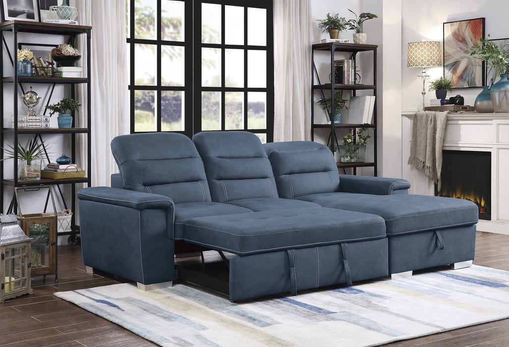 Alfio 2-Pcs Sectional w/ Adj. Headrests, Pull-out Bed & Right Chaise w/ Hidden Storage BLUE