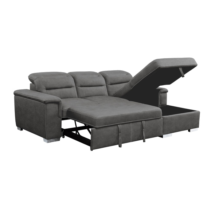 Alfio 2-Pcs Sectional w/ Adj. Headrests, Pull-out Bed & Right Chaise w/ Hidden Storage GREY