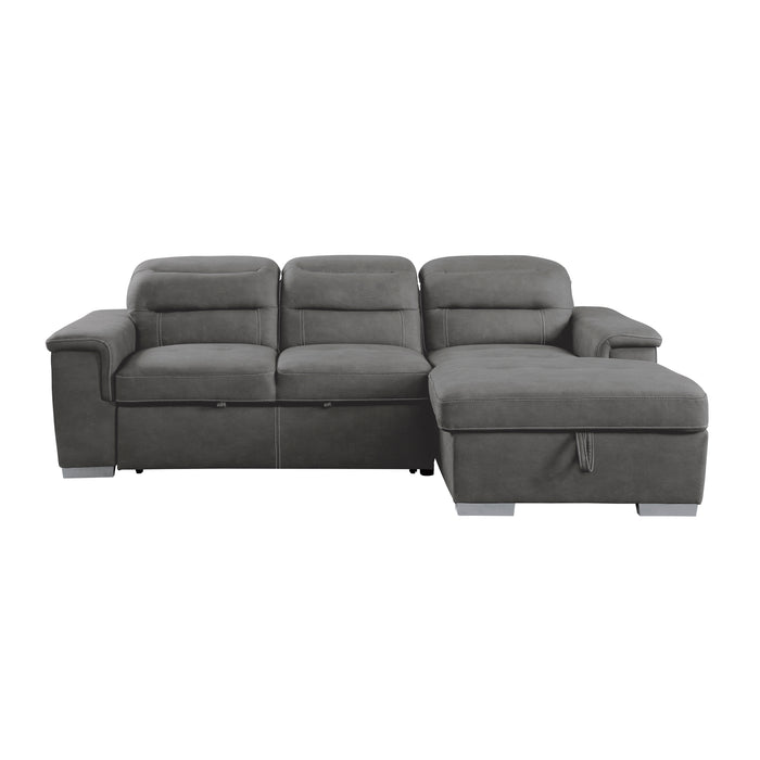 Alfio 2-Pcs Sectional w/ Adj. Headrests, Pull-out Bed & Right Chaise w/ Hidden Storage GREY