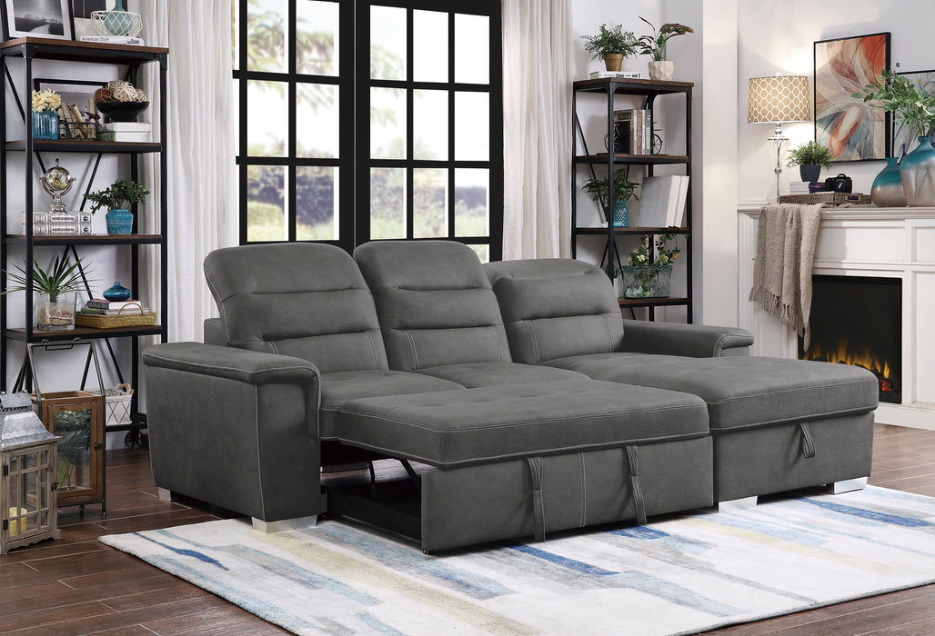 Alfio 2-Pcs Sectional w/ Adj. Headrests, Pull-out Bed & Right Chaise w/ Hidden Storage GREY