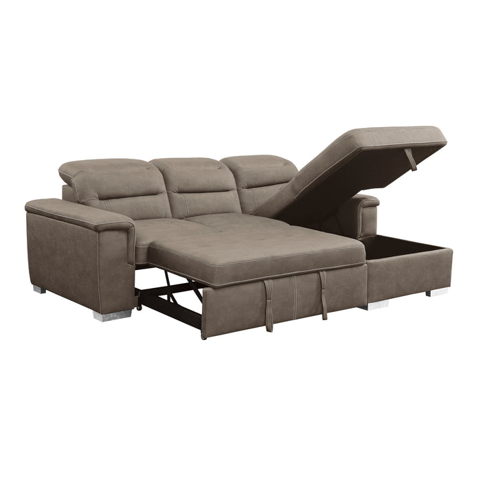 Alfio 2-Pcs Sectional w/ Adj. Headrests, Pull-out Bed & Right Chaise w/ Hidden Storage TAUPE