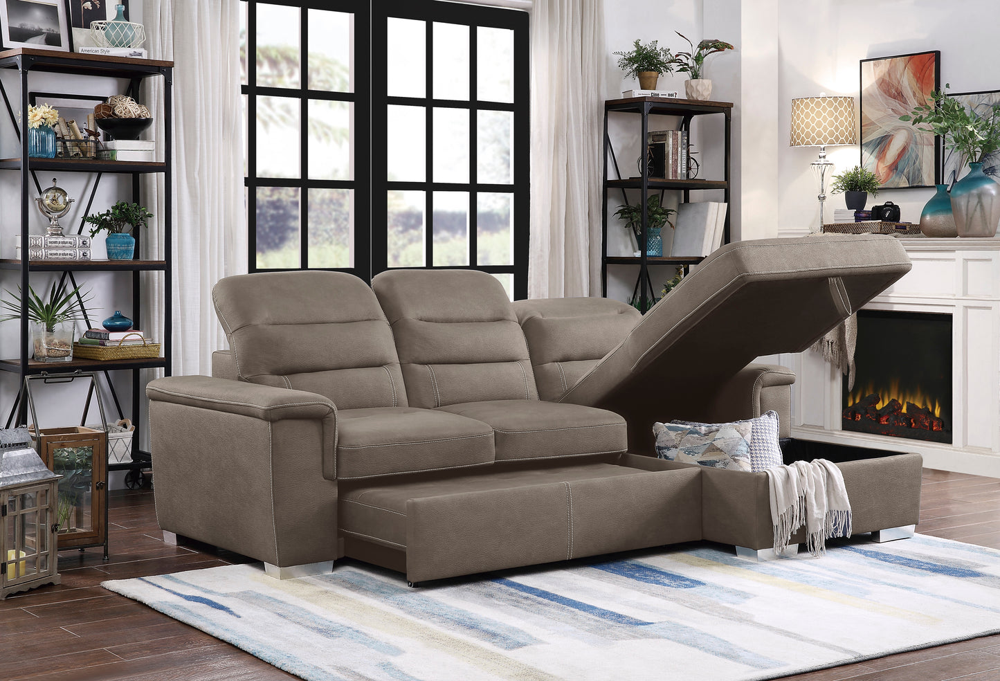 Alfio 2-Pcs Sectional w/ Adj. Headrests, Pull-out Bed & Right Chaise w/ Hidden Storage TAUPE