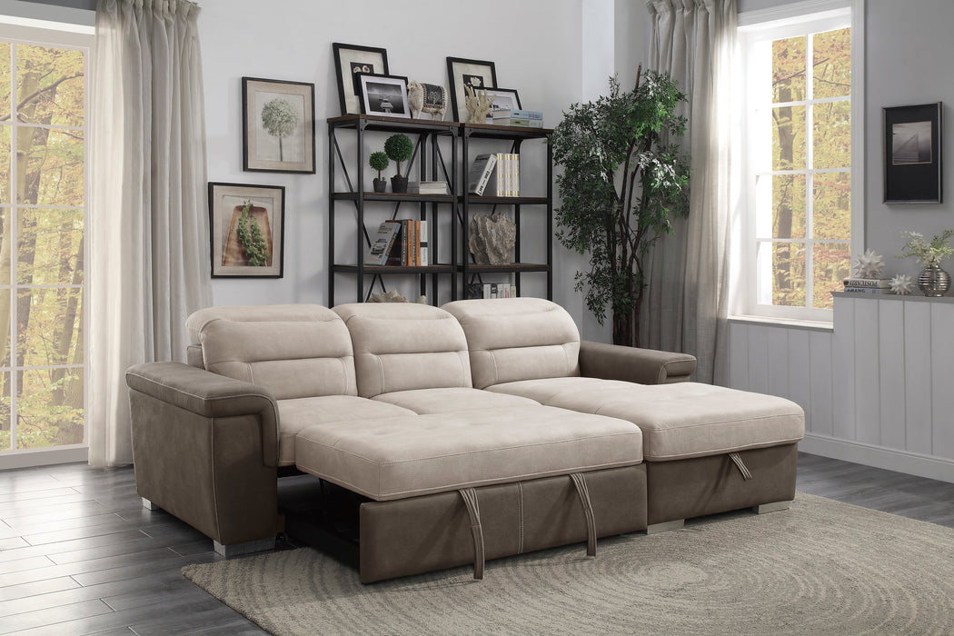 Alfio 2-Pcs Sectional w/ Adj. Headrests, Pull-out Bed & Right Chaise w/ Hidden Storage 2 TONE