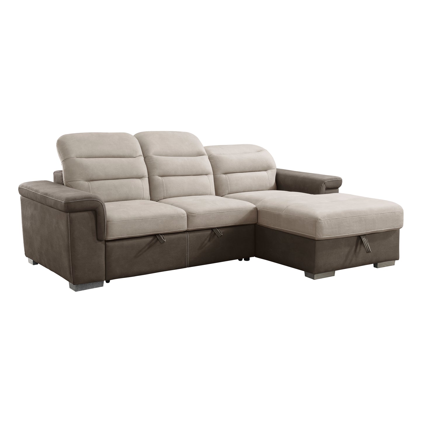 Alfio 2-Pcs Sectional w/ Adj. Headrests, Pull-out Bed & Right Chaise w/ Hidden Storage 2 TONE
