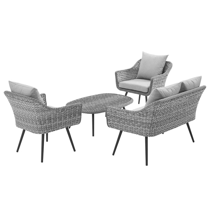 Endeavor 4 Piece Outdoor Patio Wicker Rattan Loveseat Armchair and Coffee Table Set