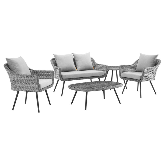 Endeavor 5 Piece Outdoor Patio Wicker Rattan Loveseat Armchair Coffee + Side Table Set image