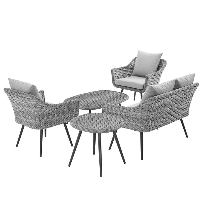 Endeavor 5 Piece Outdoor Patio Wicker Rattan Loveseat Armchair Coffee + Side Table Set