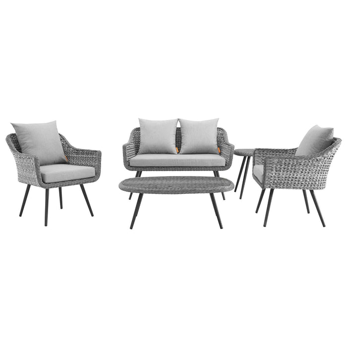 Endeavor 5 Piece Outdoor Patio Wicker Rattan Loveseat Armchair Coffee + Side Table Set